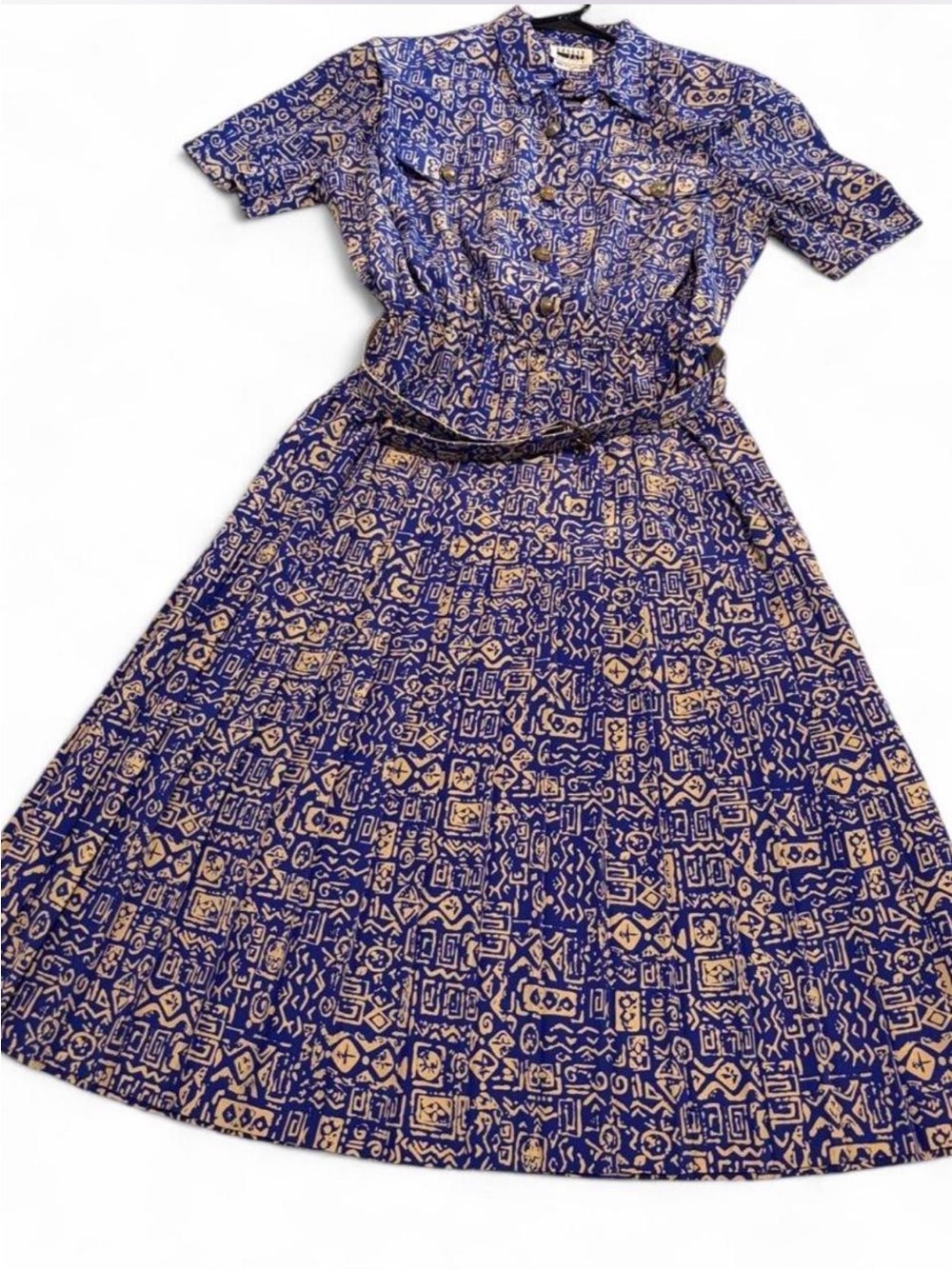 Leslie Fay Royal Blue and Tan Geometric Midi Dress